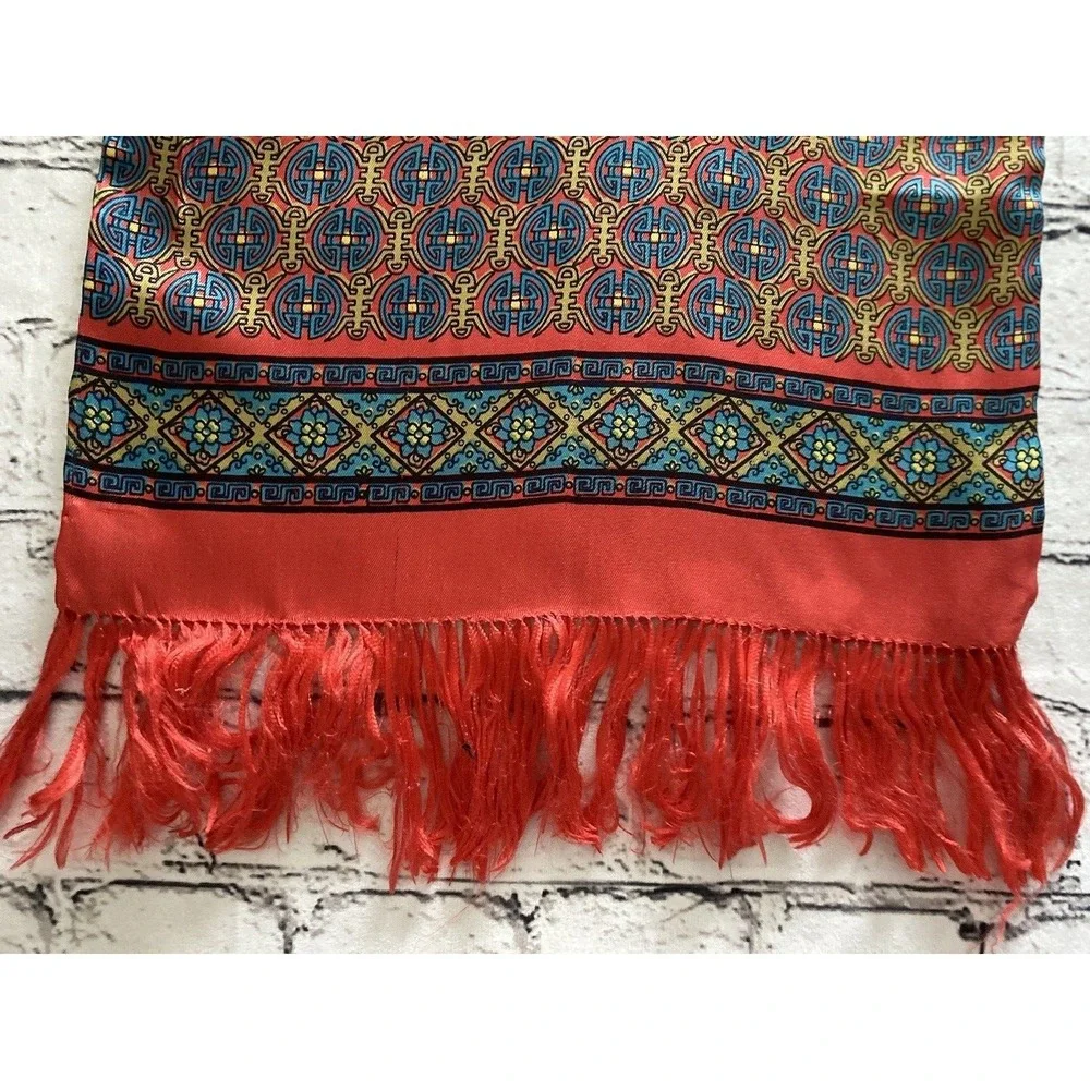 Vintage 100% Silk Rectangular Scarf Japanese‎ Fringe Red Blue Multi 12
